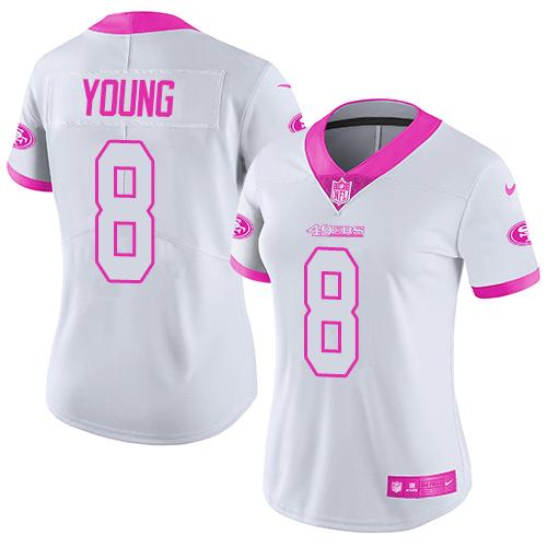 Nike 49ers #8 Steve Young White/Pink Women's Stitched NFL Limited Rush Fashion Jersey - Click Image to Close